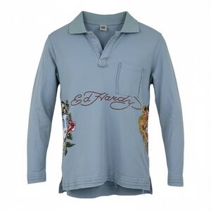 Ed Hardy Women’s Size Medium collared Medusa graphic lady stitched blue shirt
